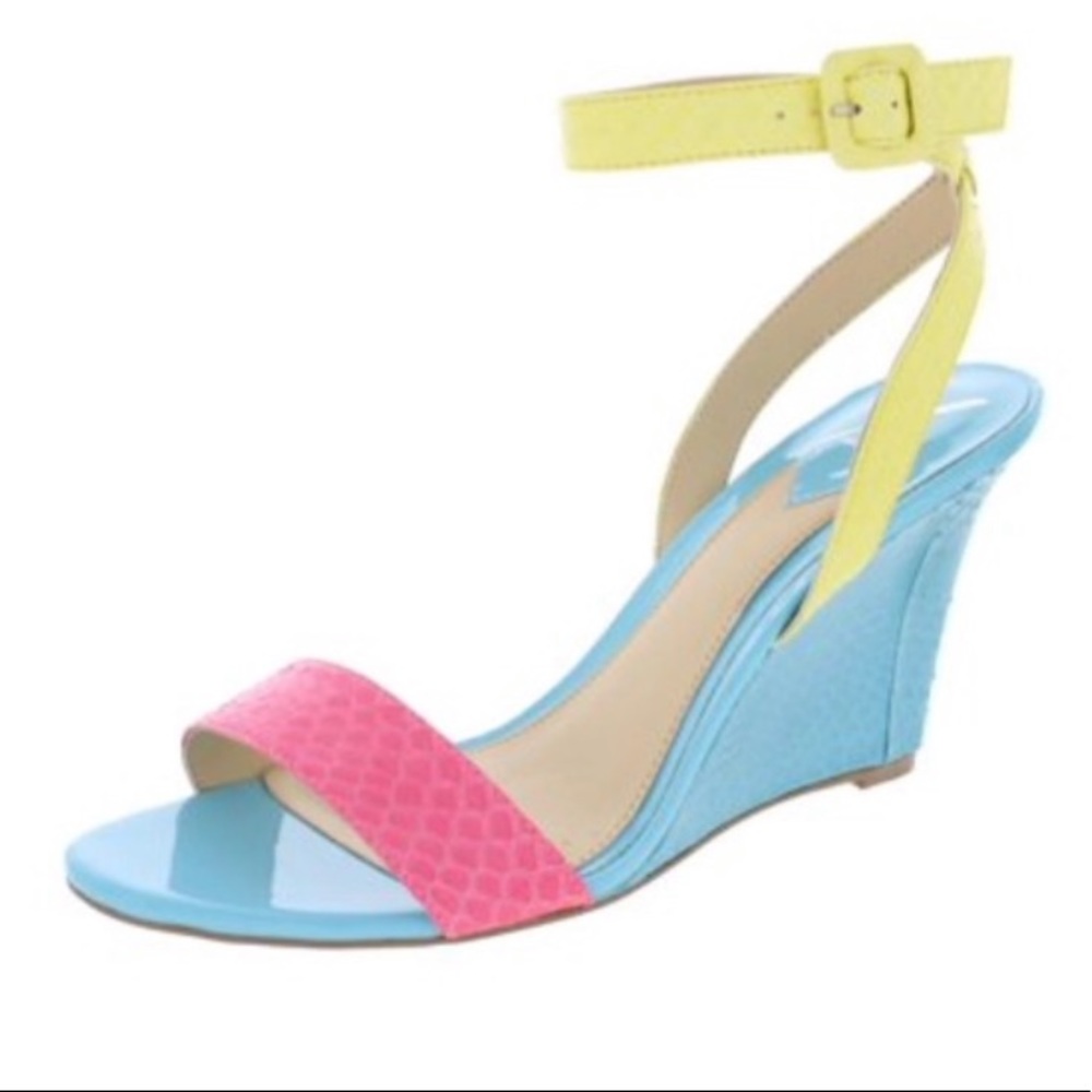 NWT NWT Brian Atwood Pastel Pink, Light Blue & Yellow Wedge Sandals - Picture 1 of 12